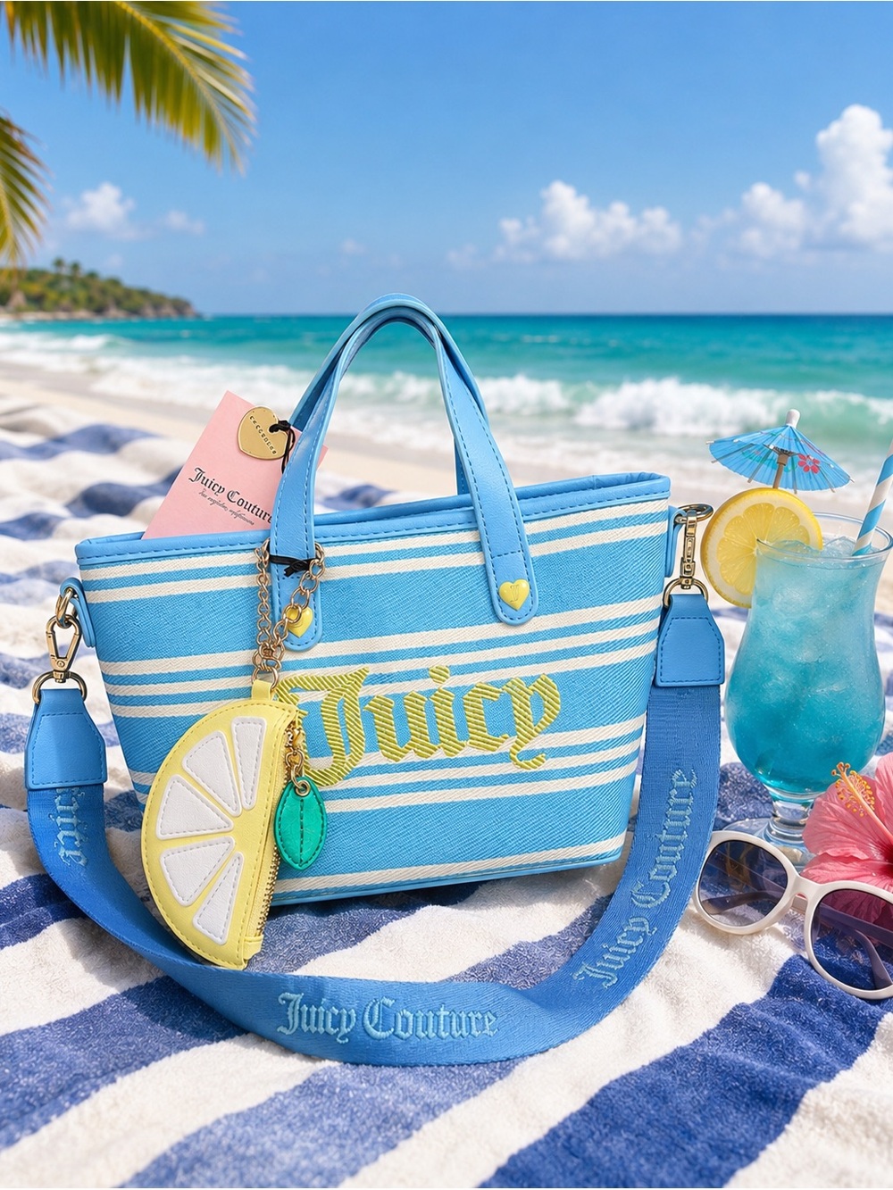🍒 Juicy Couture Juicy Paradise Blue and White Striped Tote w/Yellow Lemon Charm